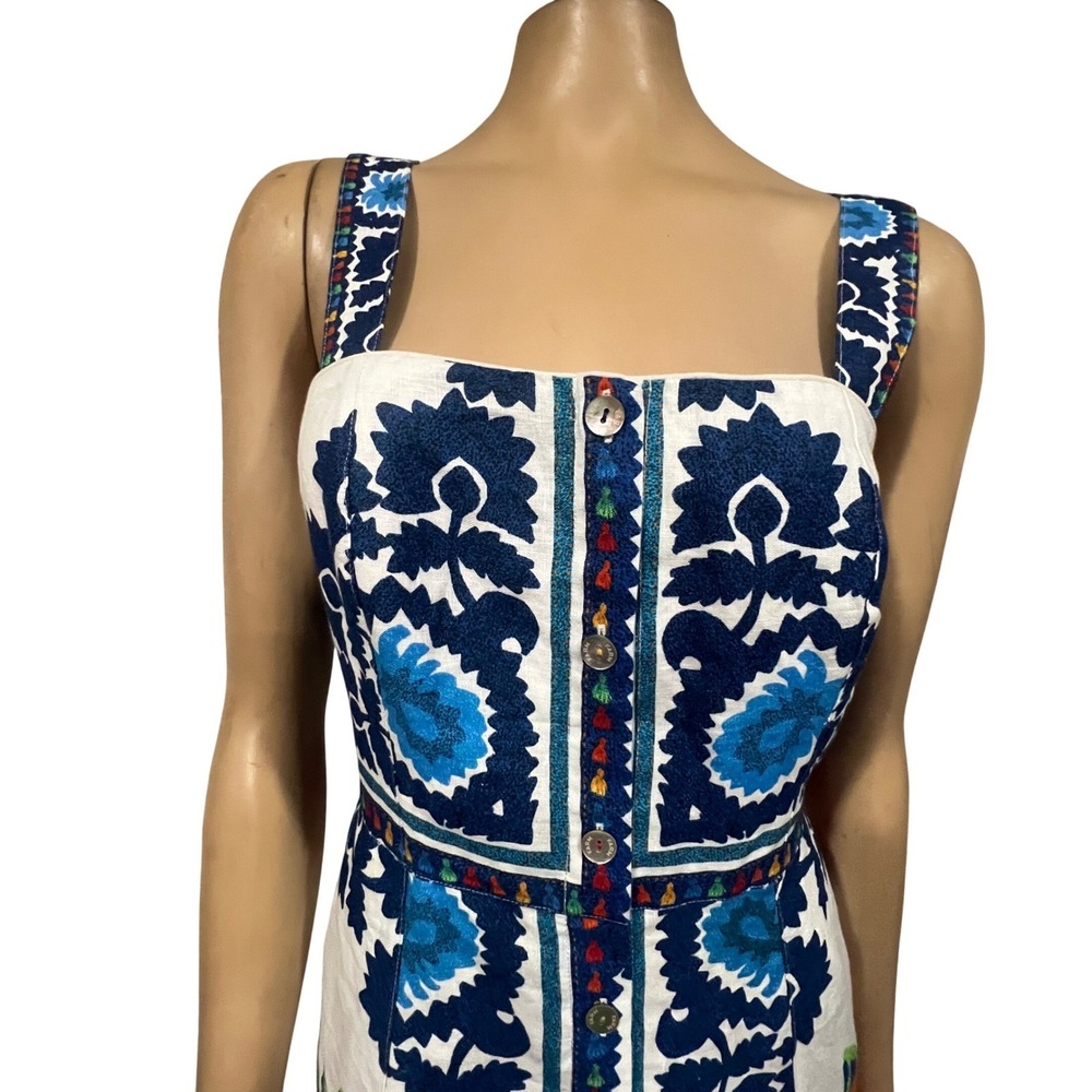 Farm Rio Flower Tapestry Off-White Midi Dress Blue Floral Button Front NWT M - Picture 6 of 11